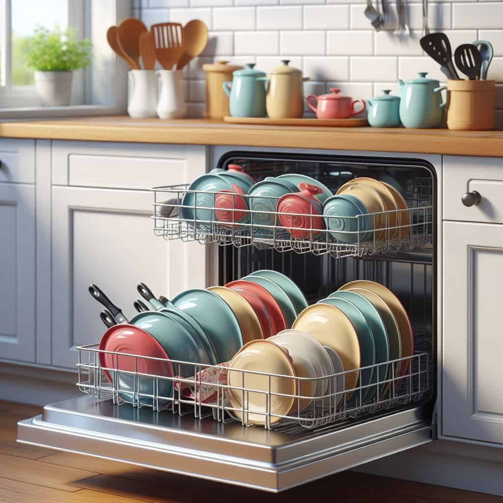 Dishwasher loaded with colorful ceramic cookware