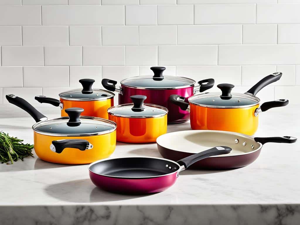 A colorful collection of ceramic cookware on a kitchen counter.