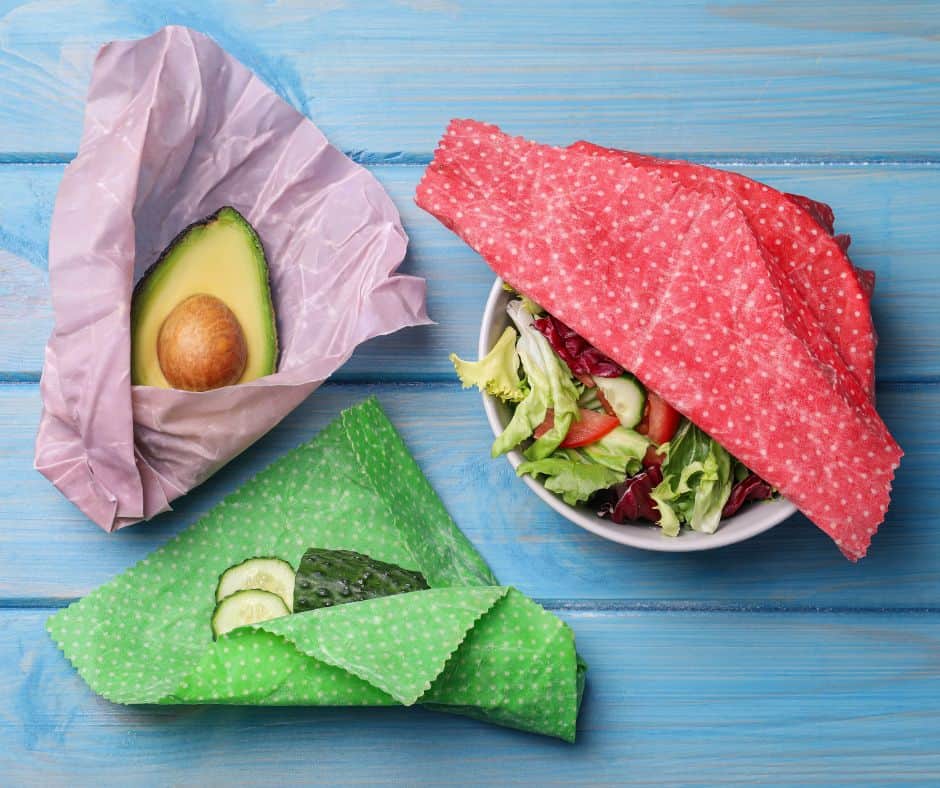 Food safely wrapped in beeswax wraps, a safe alternative to plastic wrap and tin foil. Food safely wrapped in beeswax wraps