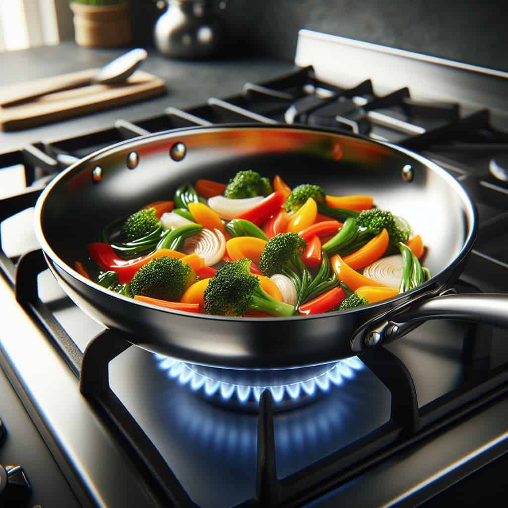 Healthy cooking at home with a non-toxic stainless steel pan and fresh vegetables.