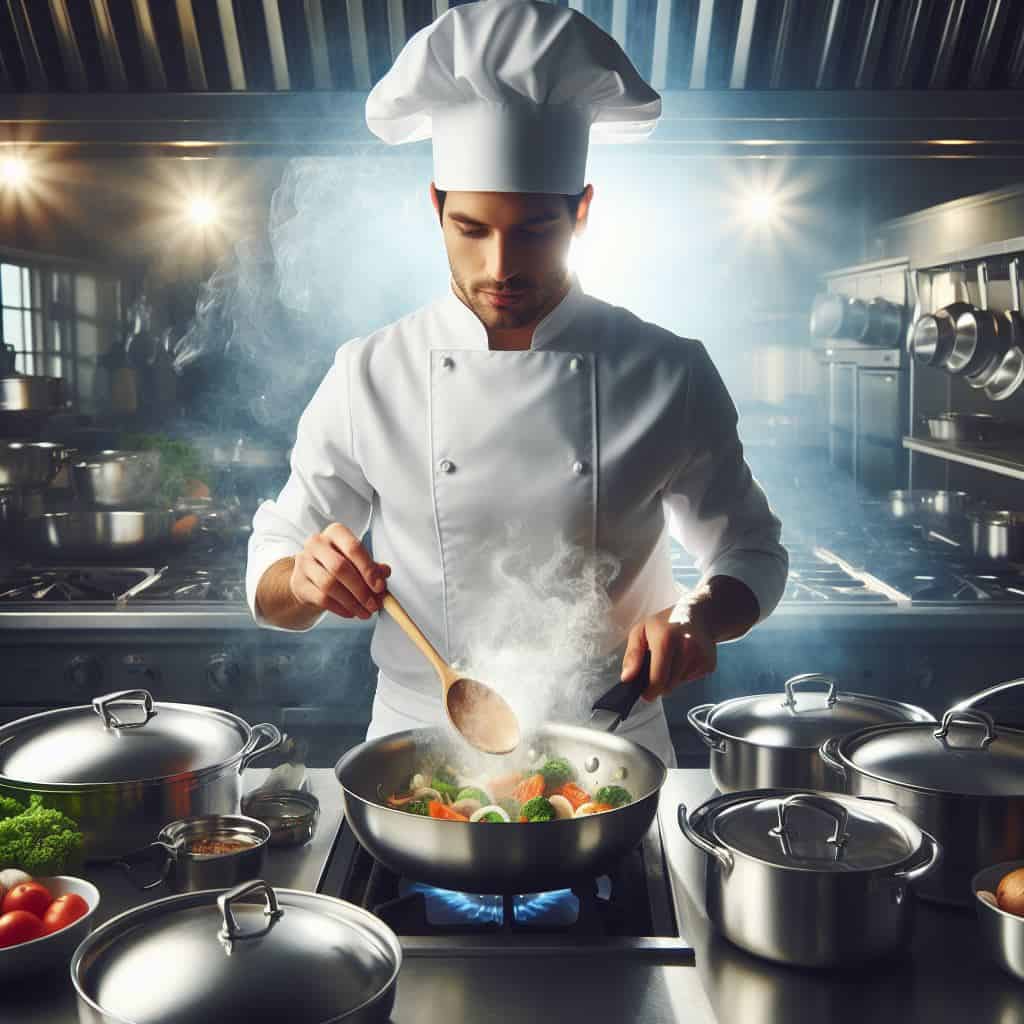 Professional chef cooking with stainless steel cookware