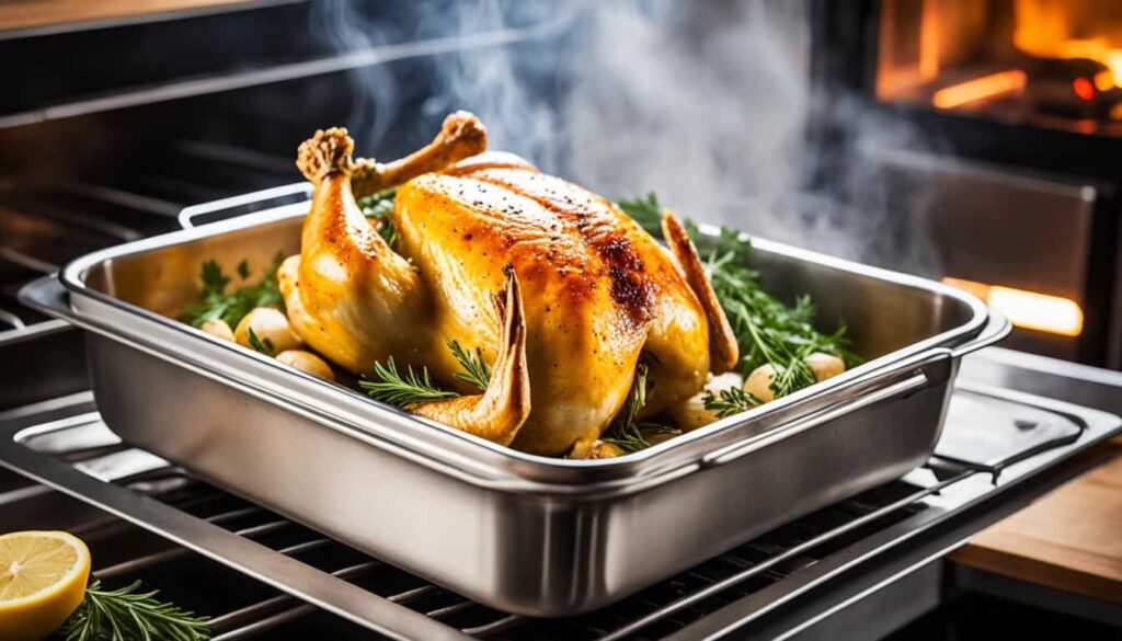 Using stainless steel in the oven to roast chicken.