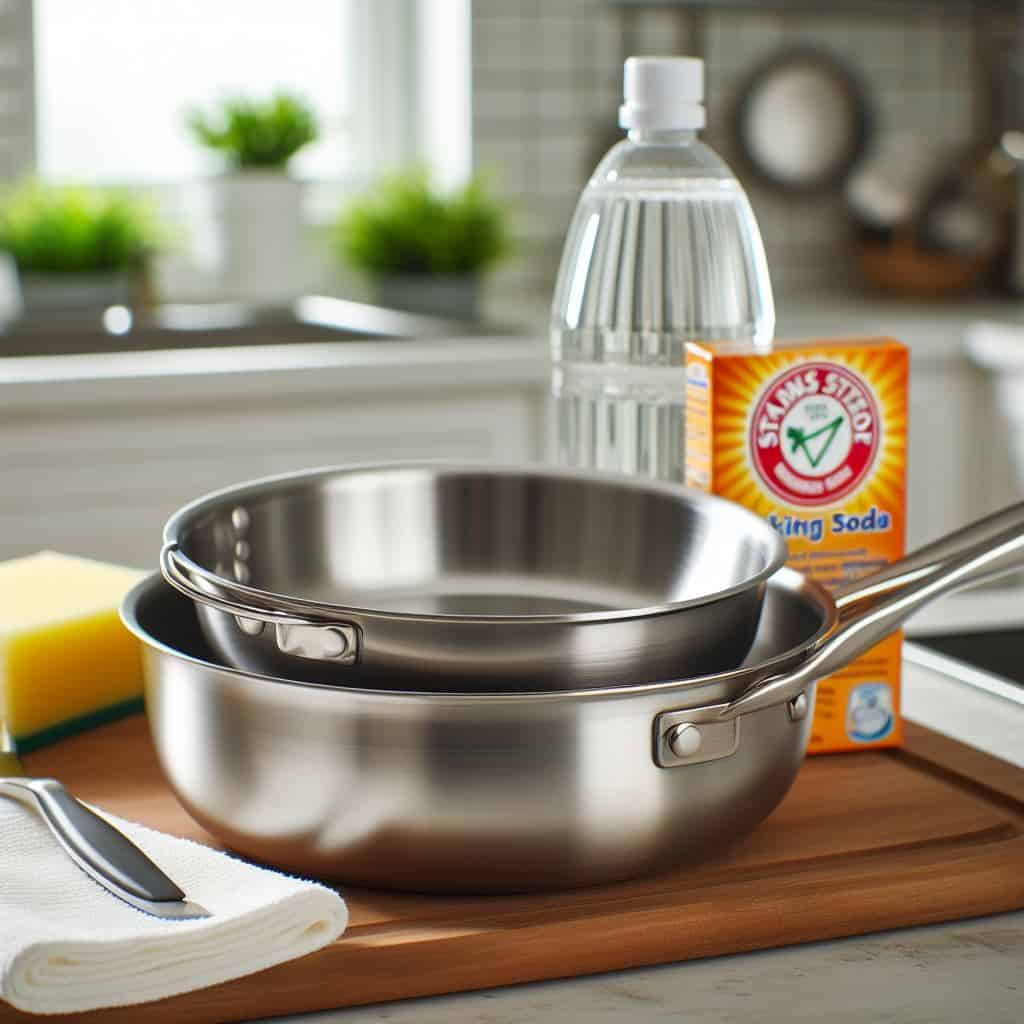 How to clean stainless steel cookware with baking soda and vinegar.