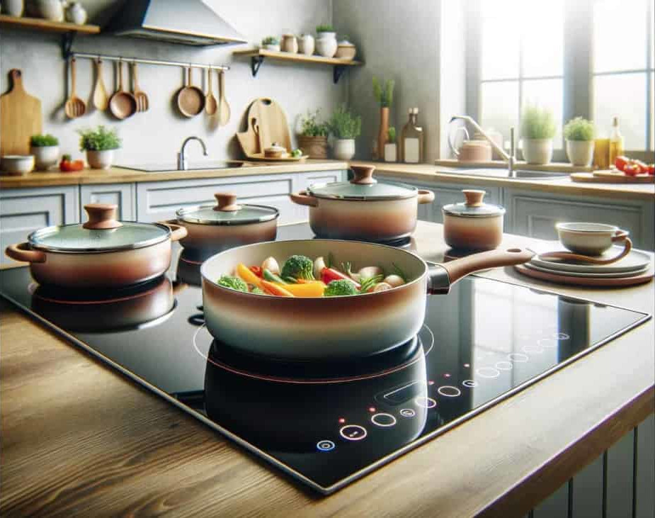 Ceramic cookware set on electric cooktop.