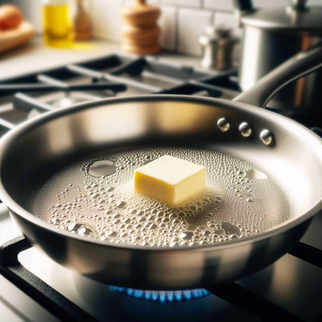 Stainless steel frying pan preheating on gas flame